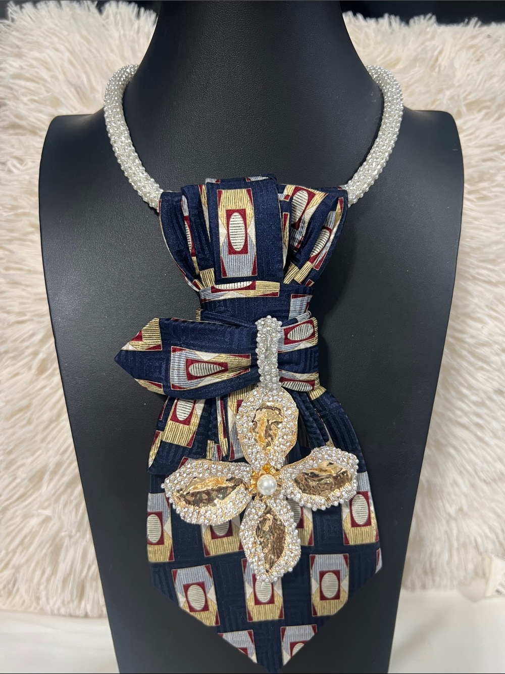 Pearl Rope Necklace with Navy Patterned Bow and Gold Crystal Flower Pendant